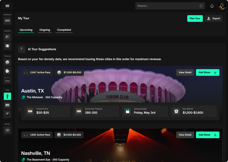 Sygnaal Tour Planning dashboard preview